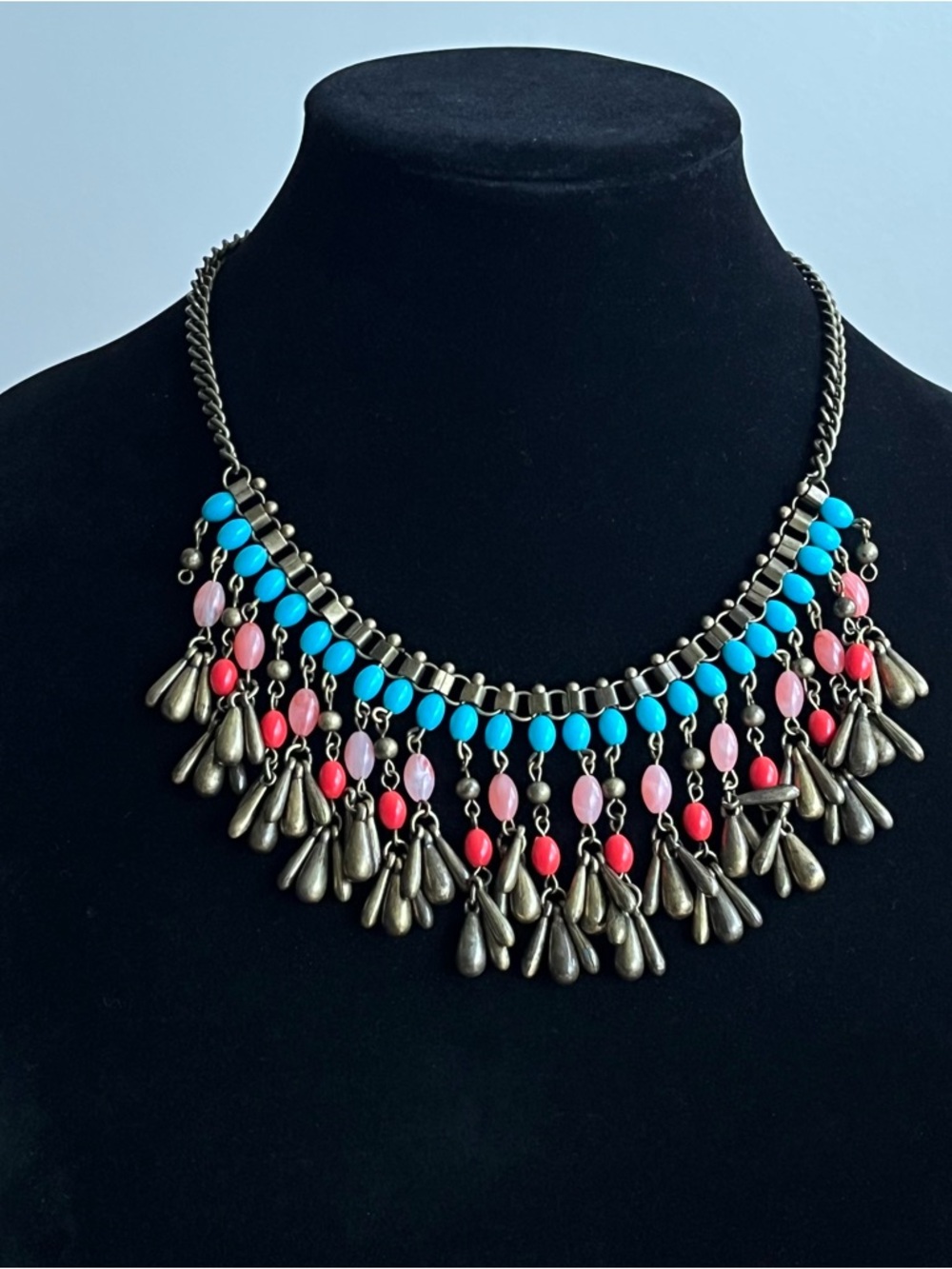 Antique-style brass beaded statement necklace with boho-style dangling charms - Picture 5 of 8